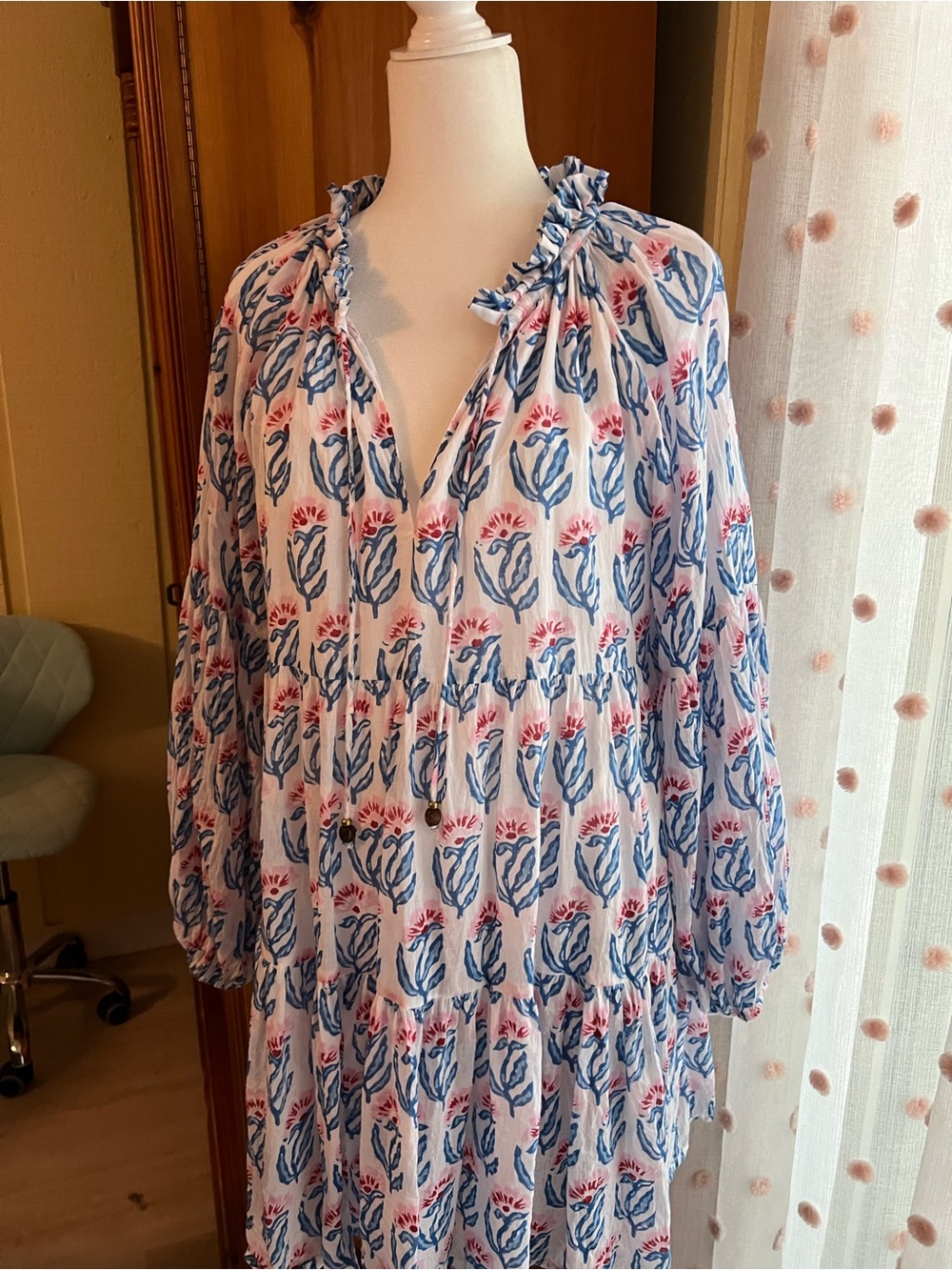 Oliphant Blue & Pink Floral Ruffle-Tie dress